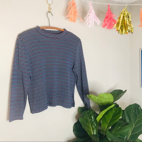 VTG Retro 80’s Shimmer Mock Turtle Neck Crop Top - Picture 5 of 6